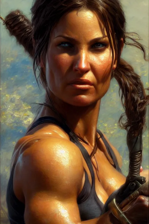 Image similar to muscular sweat lara croft, exhausted face close up, highly detailed painting by gaston bussiere, craig mullins, j. c. leyendecker 8 k