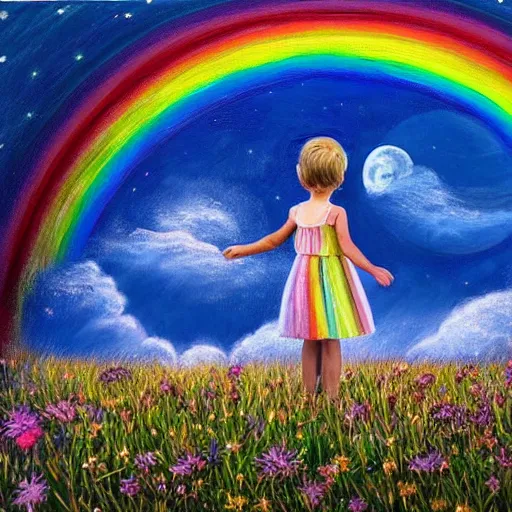 Prompt: breathtaking detailed painting of the earths moon, with a four year old dirty blond haired girl standing in a meadow with her back to us, wearing a dress colored rainbow, oil canvas, beautiful clear sky, attention to detail, award winning, high quality