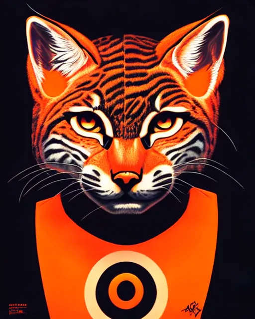 Prompt: artgerm, joshua middleton comic cover art, bobcat with orange fur, red dress, symmetrical eyes, symmetrical face, white shirt with red exclamation point logo, dark castle background, cinematic lighting