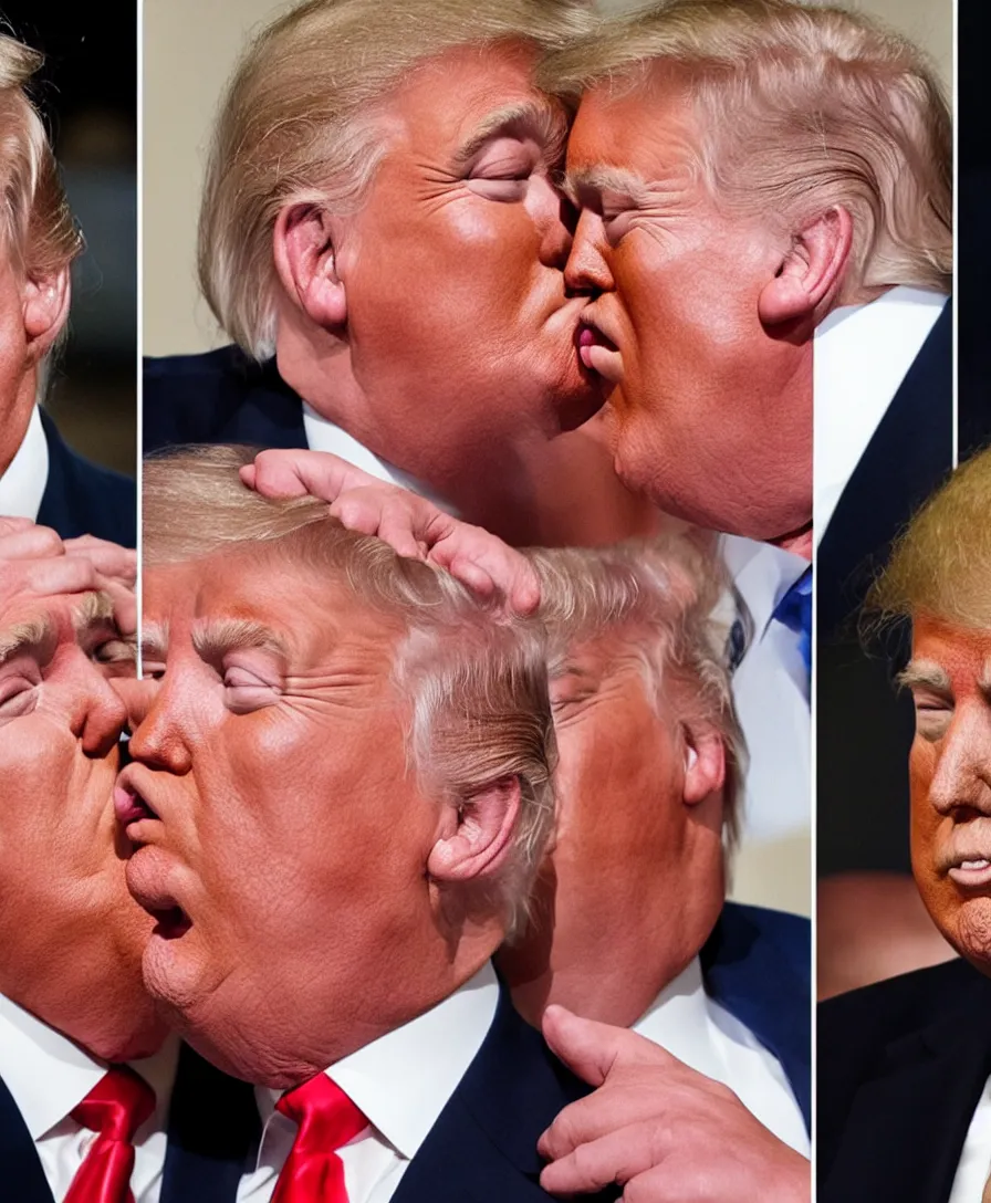 Image similar to photo of two men kissing. on the left is donald trump and the right is donald trump.