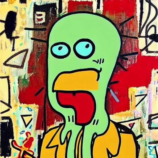 Image similar to handsome squidward, basquiat art style