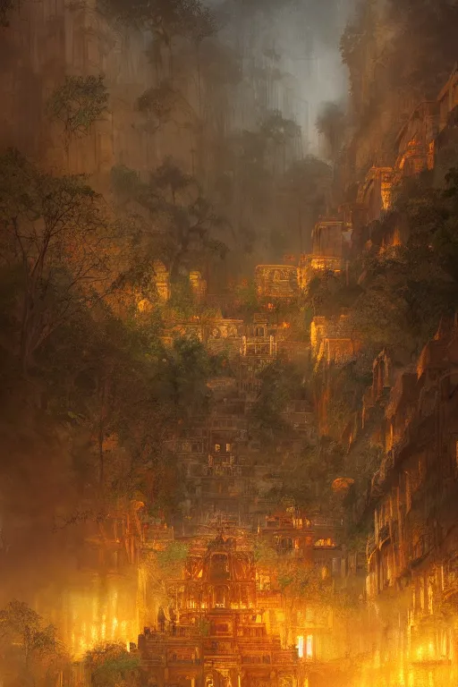 Image similar to old aztec city of gold in the middle of the forest, intricate, elegant, volumetric lighting, digital painting, highly detailed, artstation, sharp focus, illustration, concept art, ruan jia, steve mccurry