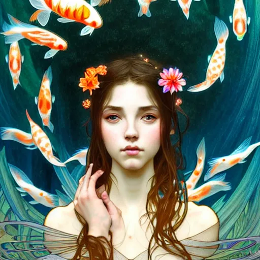 Prompt: Portrait of a girl surrounded by Koi fish, face, fantasy, intricate, elegant, highly detailed, digital painting, artstation, concept art, smooth, sharp focus, illustration, art by Tahir Tanis and Artem Demura and alphonse mucha