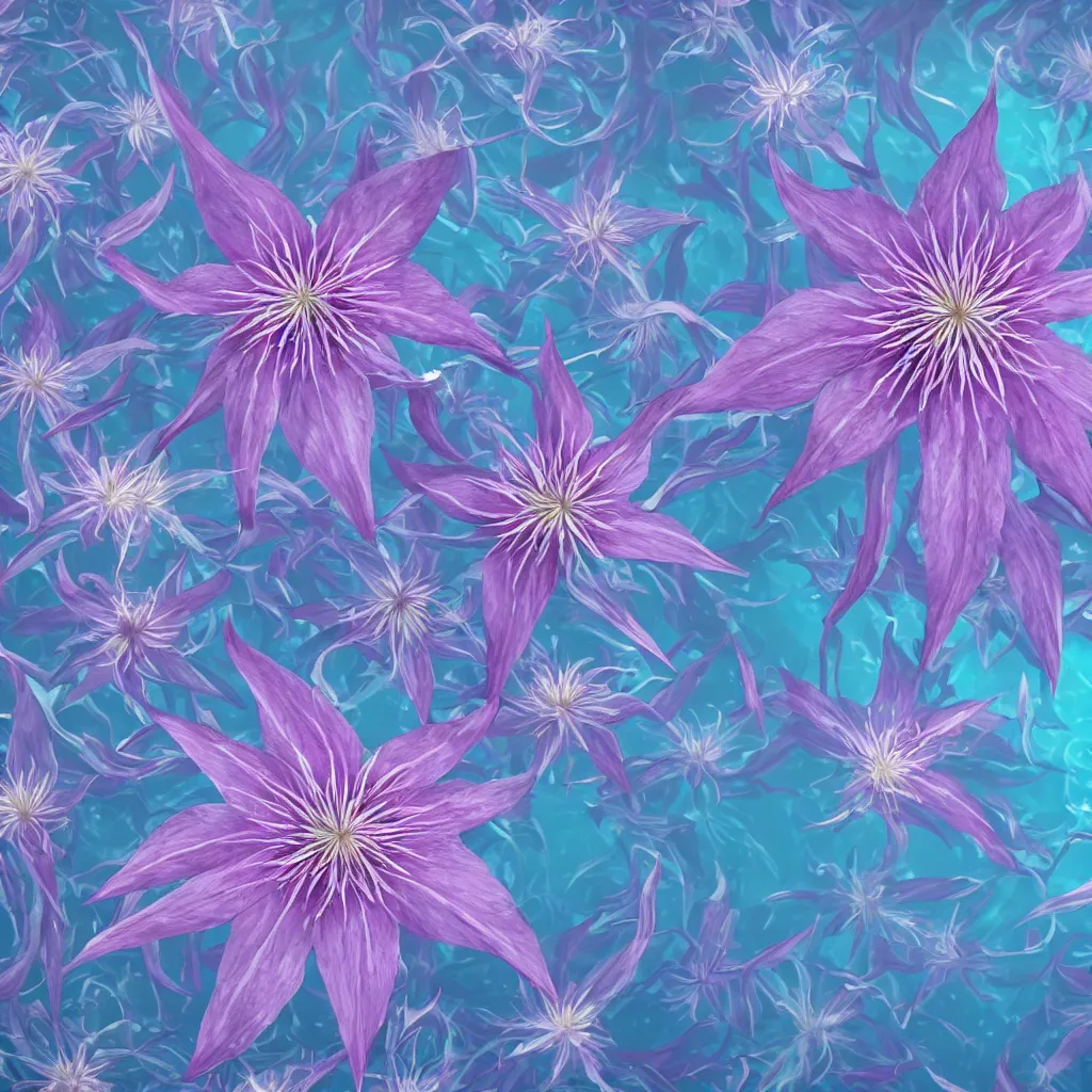 Image similar to clematis theme logo, clematis theme banner, clematis design, clematis in the deep sea, clematis like stars in the sky, trending on artstation, warm light, lovely and cute, fantasy art, 8 k resolution, highly detailed, pattern with optical illusion