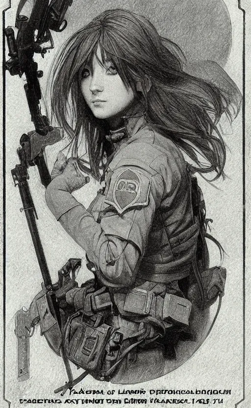 Prompt: portrait of female soldier, trading card front, anime style, hair down, symmetrical facial features, hyper realistic, pale skin, 4k, rule of thirds, extreme detail, detailed drawing, trending artstation, hd, fantasy, D&D, realistic lighting, by Alphonse Mucha, Greg Rutkowski, sharp focus, backlit, military carrier plates