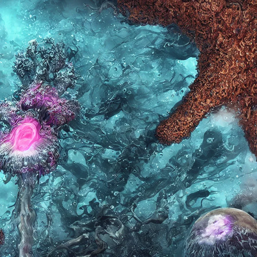 Image similar to a close up of an animal under water, huge living fungal colony, large tryptophobia mushroom, rhizomorphic mycelium hyphae, space nebula look, a microscopic photo by alberto seveso, featured on zbrush central, nuclear art, rendered in cinema 4 d, octane render, polycount, sharp detail