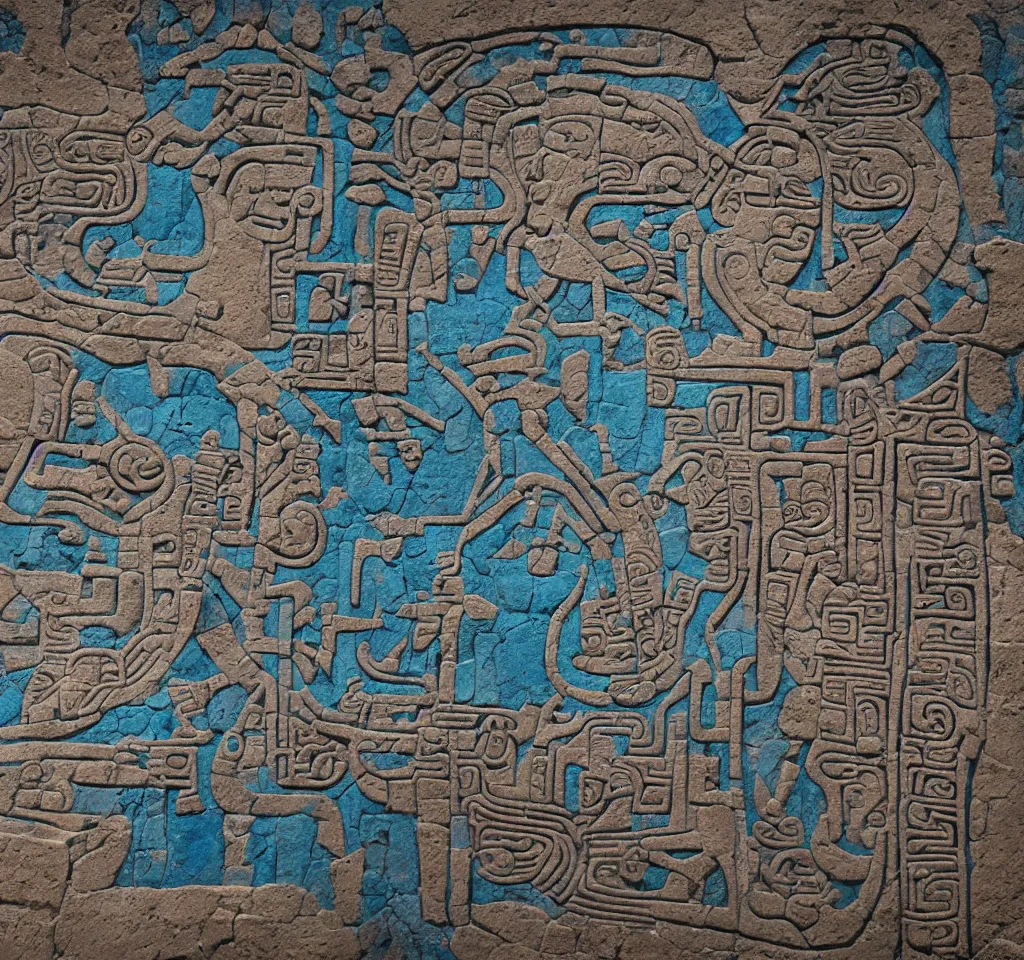 Image similar to mayan hieroglyph blueprints showing how to build a rocket ship to the moon, stone carving, colorful, glyphs, rocket, wall of a tomb, highly details, realistic, cinematic lightning, medium shot, mid-shot, highly detailed, trending on artstation, Unreal Engine 4k