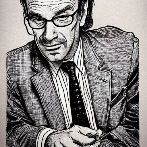 Image similar to The Artwork of R. Crumb and his Cheap Suit Saul-Goodman-Better-Call-Saul, pencil and colored marker artwork, trailer-trash lifestyle