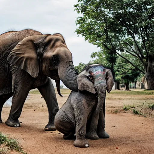 Image similar to a Elephant-Pug Hybrid, A Elephant that looks like a pug, huge tusks, afternoon hangout, good times photograph, candid