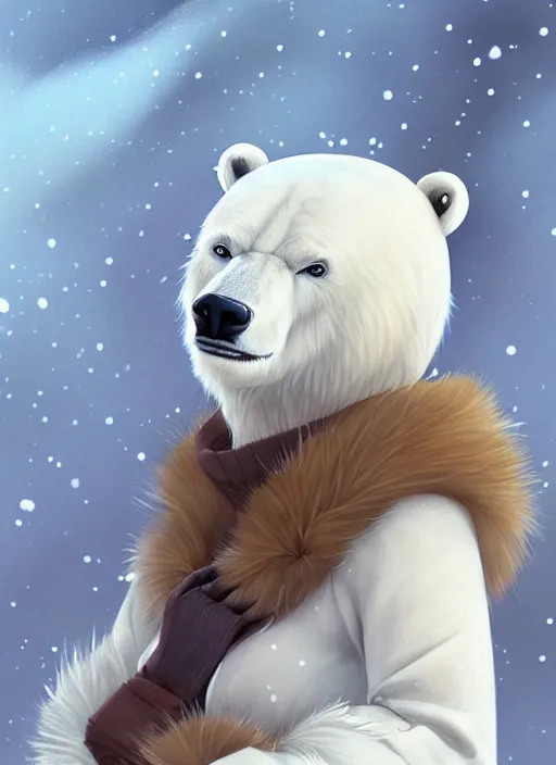 Image similar to award winning beautiful portrait commission art of a female furry anthro polar bear fursona with a cute beautiful attractive detailed furry face wearing cute stylish winter clothes at a comfy winter cabin at dusk by firelight. Character design by charlie bowater, ross tran, artgerm, and makoto shinkai, detailed, inked, western comic book art