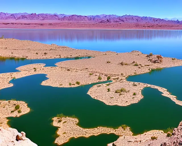 Image similar to there is a void made of teeth in lake havasu in the foreground with water reflections. my teeth are sharp. tourist trap.