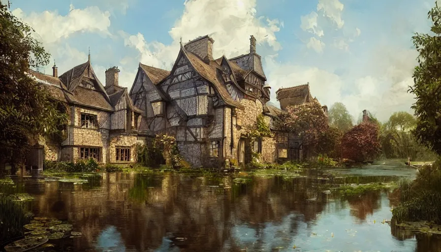 Prompt: portrait of a tudor manor house on a street, fishpond architecture, highly detailed, blue sky, cinematic lighting, digital art painting by greg rutkowski