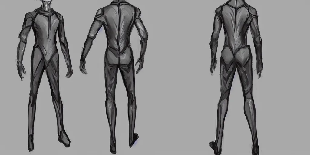 Image similar to male, science fiction suit, character sheet, concept art, stylized, large shoulders, large torso, long thin legs, concept design
