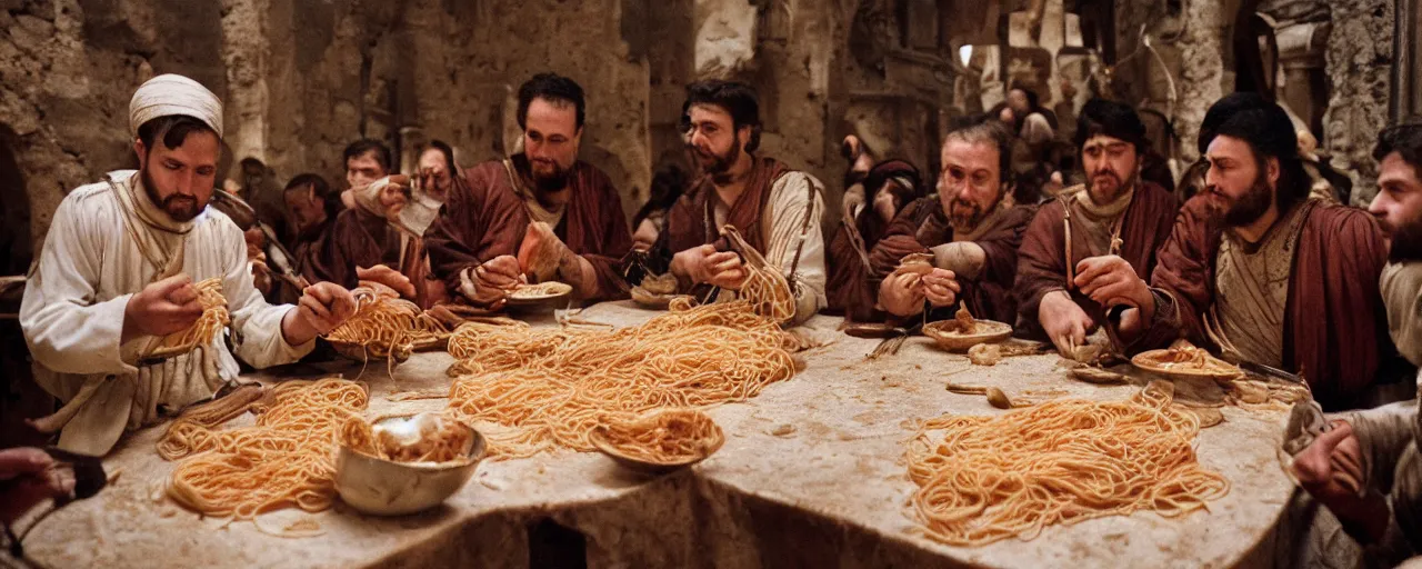 Image similar to eating spaghetti during the seige of constantinople, 7 0 0 ad, small details, intricate, 5 0 mm, cinematic lighting, photography, wes anderson, film, kodachrome