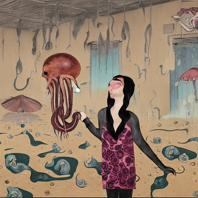 Image similar to tall female emo artist holding an octopus in a flooded cafe, octopus, water gushing from ceiling, painting of flood waters inside a cafe, a river flooding indoors, pomegranates, pigs, ikebana, water, octopus, river, rapids, waterfall, black swans, canoe, berries, acrylic on canvas, surrealist, by francesco clemente