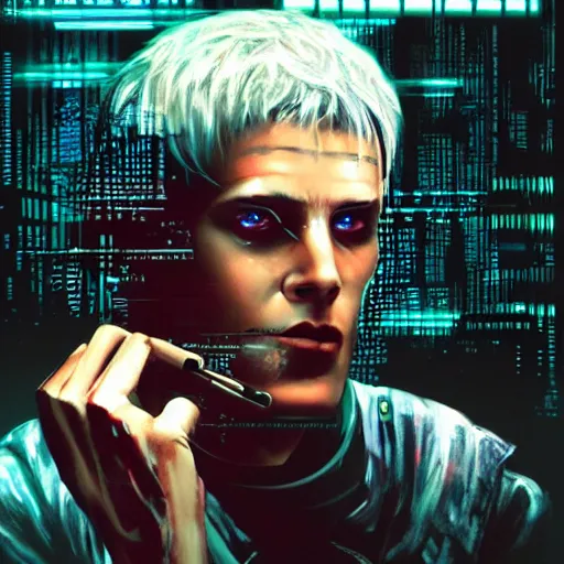 Prompt: Case from the novel Neuromancer, addicted, heavy smoker, portrait shot, wires, cyberpunk, movie illustration, poster art by Drew Struzan