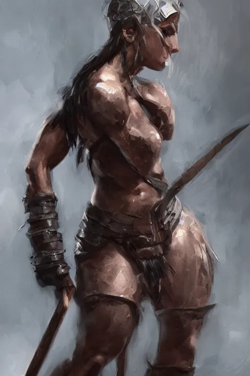 Image similar to head and legs portrait of a barbarian female, ultra sharp, very detailed, high quality focus by wlop