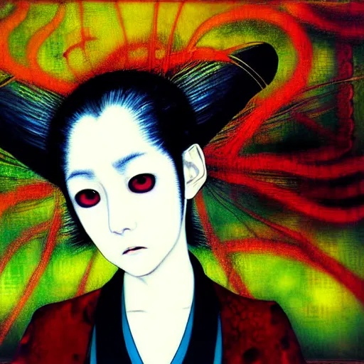 Image similar to yoshitaka amano blurred and dreamy realistic three quarter angle portrait of a woman with white hair and black eyes wearing dress suit with tie, junji ito abstract patterns in the background, satoshi kon anime, noisy film grain effect, highly detailed, renaissance oil painting, weird portrait angle, blurred lost edges