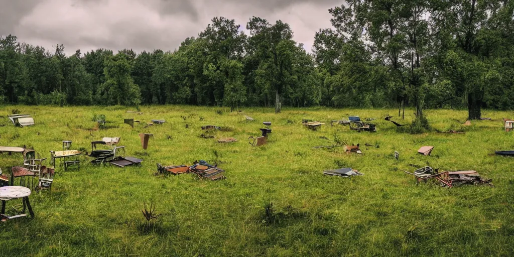 Prompt: a grassy field filled with lots of scattered of old furniture, overcast sky, forest in background, photorealistic, 4k, photo, detailed