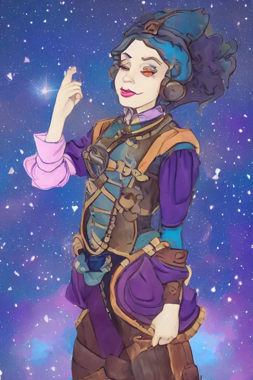 Image similar to Jester Lavorre from Critical Role in a steampunk process outfit in a starry space sky 🌈