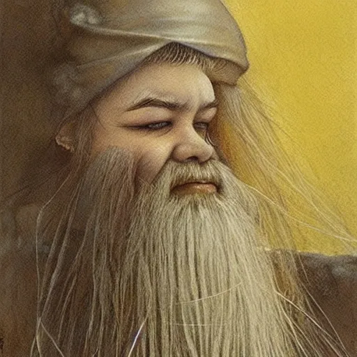 Image similar to astonishingly beautiful gnome queen, ultra fine detail portrait, painting by Alan Lee