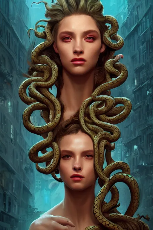 Image similar to portrait, medusa with snakes as hair, dynamic lighting, volumetric, bokeh, cinematic, extremly high detail, photo realistic, cinematic lighting, post processed, concept art, artstation, matte painting, style by eddie mendoza, raphael lacoste, alex ross