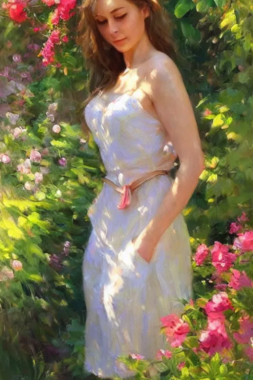 Prompt: portrait of a beautiful woman in the garden, morning, highly detailed, ultrarealistic oil painting, vladimir volegov, artstation