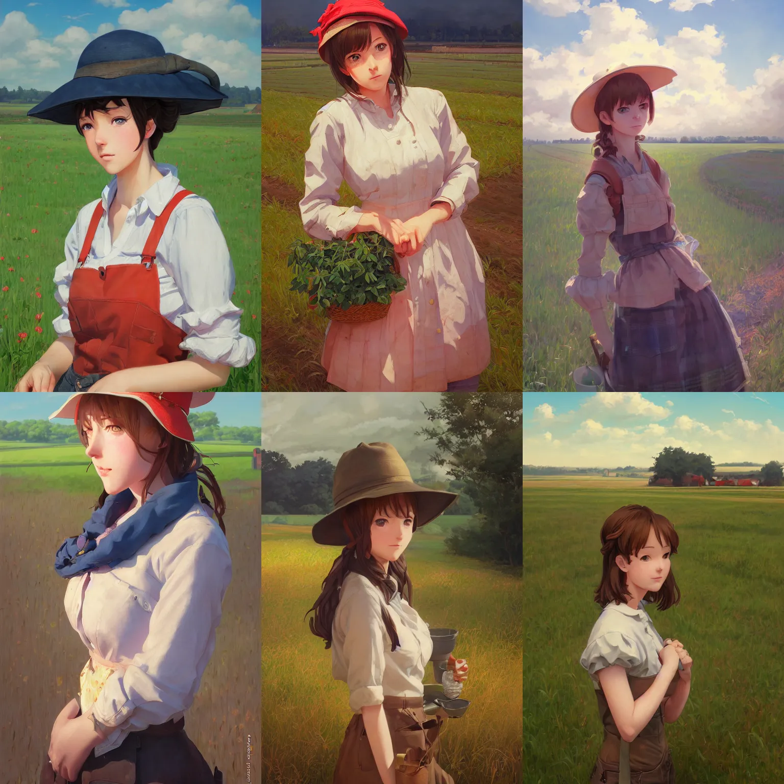 Prompt: a portrait of a cute female farmer, agricultural setting, vivid colors, soft lighting, atmospheric, cinematic, moody, in the style of ilya kuvshinov and range murata, krenz cushart, rule of thirds, oil on canvas, 8 k