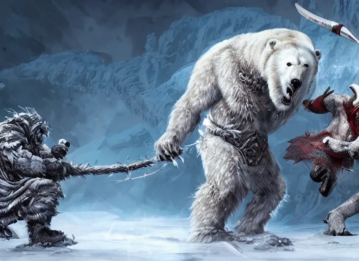 Prompt: a monster polar bear fighting a warrior monk in the snow, fantasy concept art, hyperdetailed and intricate, chaotic and brutal, 8 k render