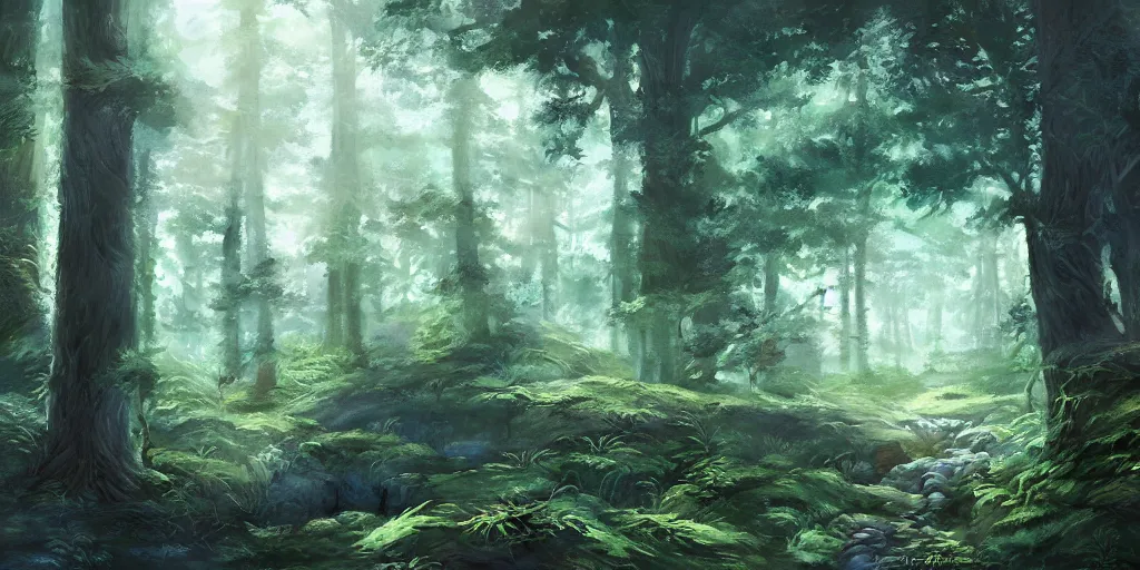 Image similar to a forest, highly detailed, oil painting, cinematic angle, hyperrealistic, beautiful, volumetric lighting, dynamic, Studio Ghibli, digital art, octane render, post-processing, beautiful composition, trending on artstation, masterpiece