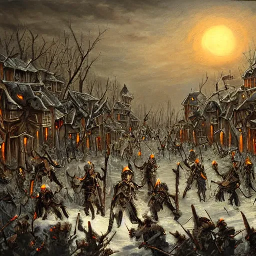 Prompt: Undead army descends upon a village in the middle of a winter night, photorealistic oil painting