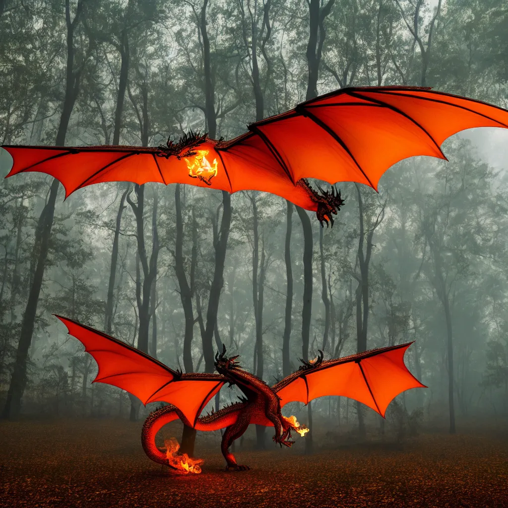 Image similar to fire breathing dragon flying over foggy old forest near small pond, very detailed, 4 k, professional photography