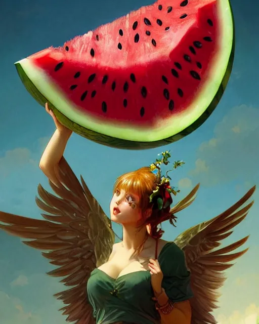 Prompt: an giant watermelon with small wings, cute pose, highly detailed, digital painting, artstation, concept art, smooth, sharp focus, illustration, art by artgerm and greg rutkowski and alphonse mucha