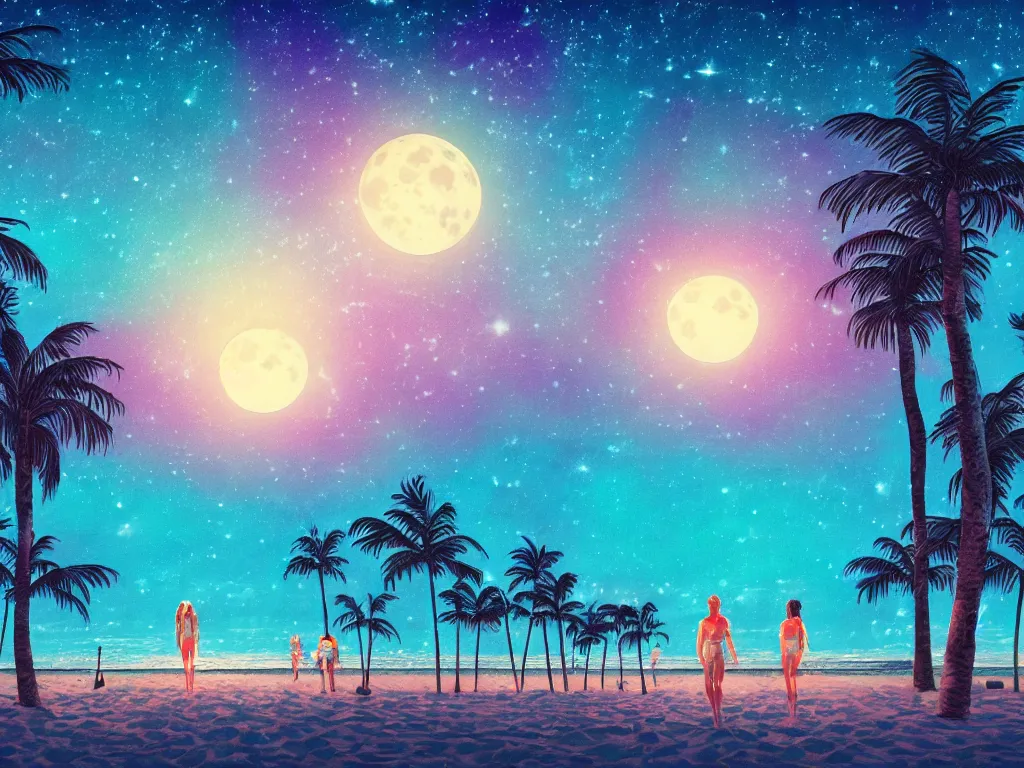 Prompt: night on a summer miami beach, city on the background, palm trees, footprints in the sand, full moon reflected in the calm ocean, starry sky, 8 k, ultra detailed, trending on artstation, digital painting, synthwave and retrowave style