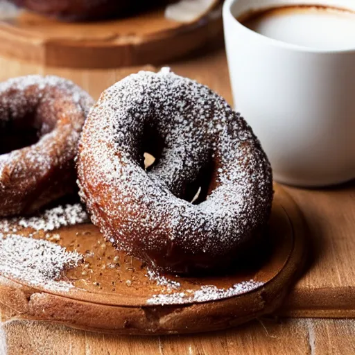 Prompt: delicious hazelnut donut with chocolate glazing with a cup of coffee