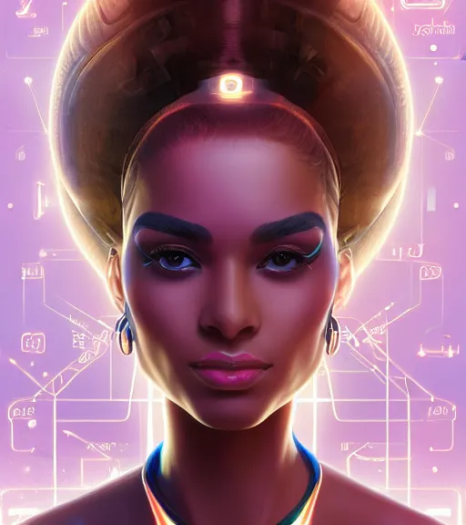 Image similar to symmetry!! egyptian princess of technology, solid cube of light, hard edges, product render retro - futuristic poster scifi, lasers and neon circuits, beautiful brown skin woman egyptian princess, intricate, elegant, highly detailed, digital painting, artstation, concept art, smooth, sharp focus, illustration, dreamlike, art by artgerm