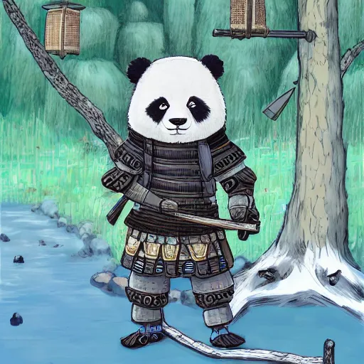 Prompt: panda bear wearing samurai armor standing in a ancient japanese village, highly detailed, ghibli style, by studio ghibli, art station, highly detailed