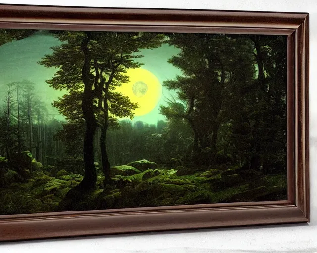 Image similar to forest landscape in the moonlight by caspar david friedrich, sebastian pether, giovanni grubacs, detailed