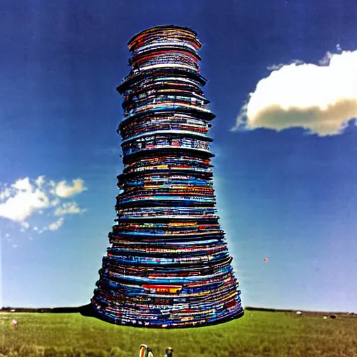 Prompt: tower of babel reaching up to heaven but it is made from 12 inch vinyl LPs