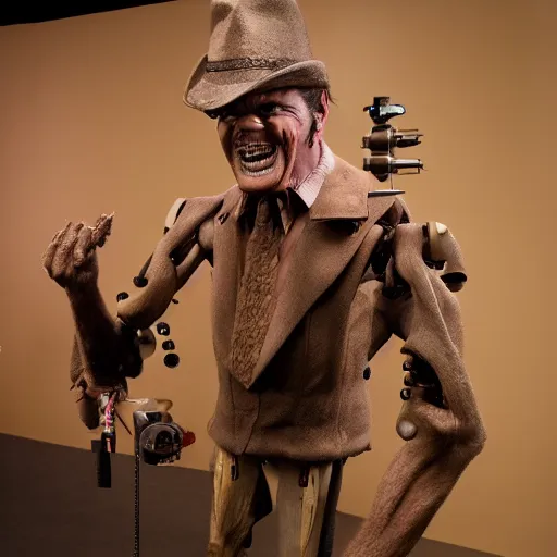 Image similar to animatronic Jack Nicholson, exposed mechanics, photo, Stan Winston studios, detailed, 4k