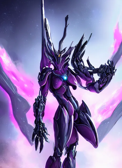 Image similar to cinematic body shot, cosmic beautiful stunning giant robot mecha hot female dragon goddess, sleek anthro cyborg dragon, sharp metal ears, smooth purple eyes, smooth fuschia skin, smooth silver armor, nebula size, epic proportions, epic scale, macro furry, furry art, dragon art, goddess art, giantess art, warframe, warframe fanart, furaffinity, octane