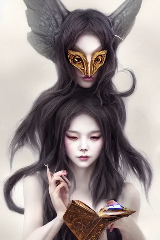 Image similar to gorgeous!!! hyper - realstic sorceress with a kitsune mask, holding a tattered magical book, casting a spell | drawn by wlop, drawn by jeehyung lee, drawn by artgerm | fantasy, dark, intricate, highly detailed, digital painting, character design, concept art, illustration, artstation