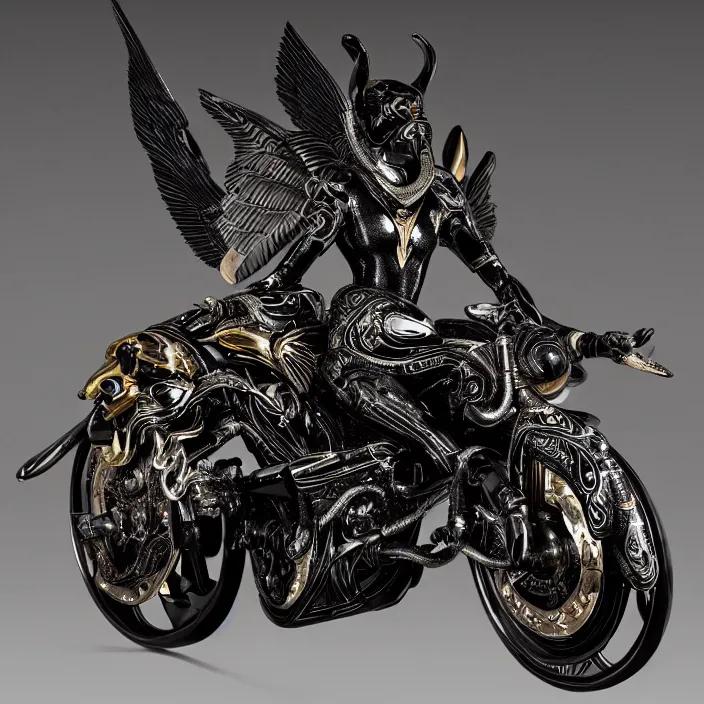 Image similar to fine art statue of masculine black egyptian god on a surrealist motorcycle, ebony art deco, carved black marble, inlaid with ebony and gold accents, ebony rococo, wings black lace wear, by spider zero, zaha hadid, beautifully lit, hyper detailed, intricate, elite, ornate, photorealistic, micro details, ray trace