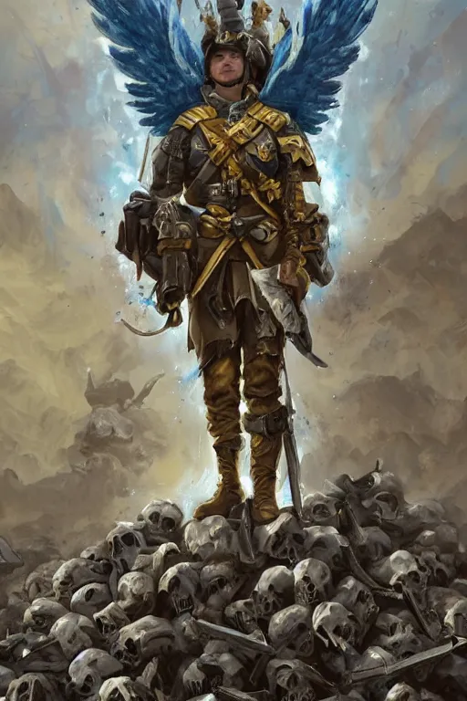 Prompt: A military soldier with angel wings with a blue and yellow flag behind him is standing on a pile of skulls in triumph after the battle, extended art, D&D, fantasy, intricate, elegant, highly detailed, digital painting, artstation, concept art, matte, sharp focus, illustration, art by Artgerm and Noah Bradley and Scott M Fischer and Greg Rutkowski and Alphonse Mucha