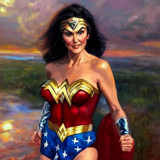 Image similar to portrait of Lynda Carter as Wonder Woman in the morning sun, Danile Gerhartz, oil painting