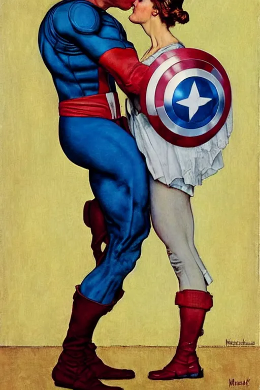 Prompt: norman rockwell painting of captain america romantically kissing captain america