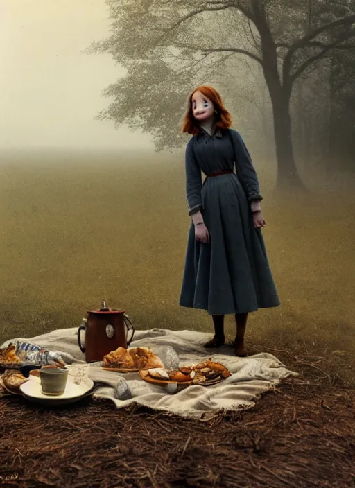 Image similar to portrait bust of emma stone having a picnic with tom holland, solemn expression, faded color film, russian cinema, tarkovsky, kodachrome, old cabin, next to window, heavy forest outside, long brown hair, old clothing, heavy fog, hudson river school, 4 k, dramatic lighting, greg rutkowski
