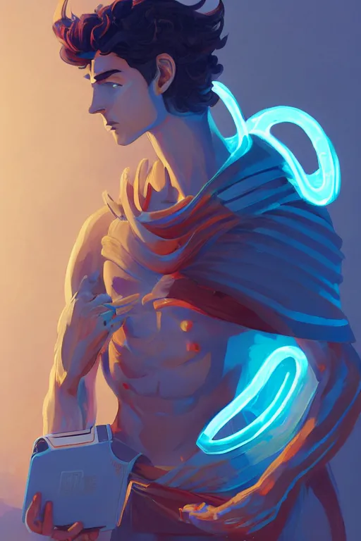 Image similar to the handsome greek god hermes, wearing winged helmet, holding glowing laptop computer, digital painting bioluminance alena aenami artworks in 4 k design by lois van baarle by sung choi by john kirby artgerm style pascal blanche and magali villeneuve