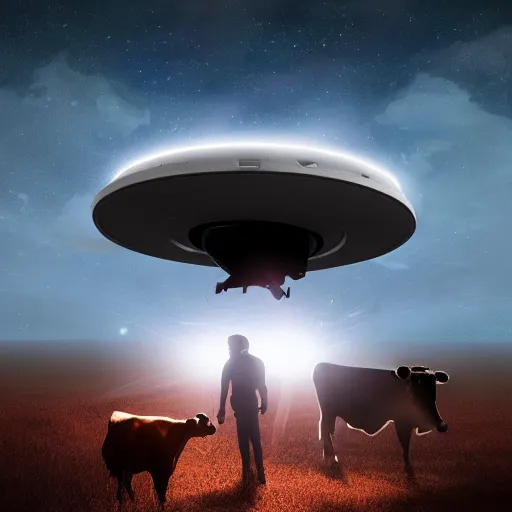 Image similar to an ufo picking up a cow with light beam, highly detailed, digital art, 8k, trending on artstation