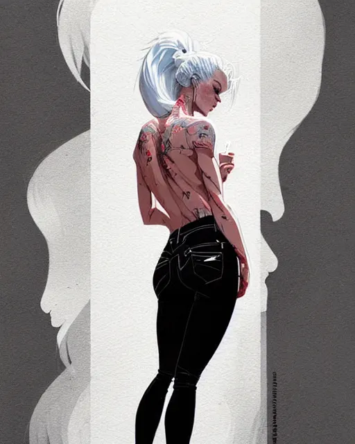 Image similar to a ultradetailed beautiful back painting of a stylish woman with white hair in a pony tail, she is wearing jeans, by conrad roset, greg rutkowski and makoto shinkai trending on artstation